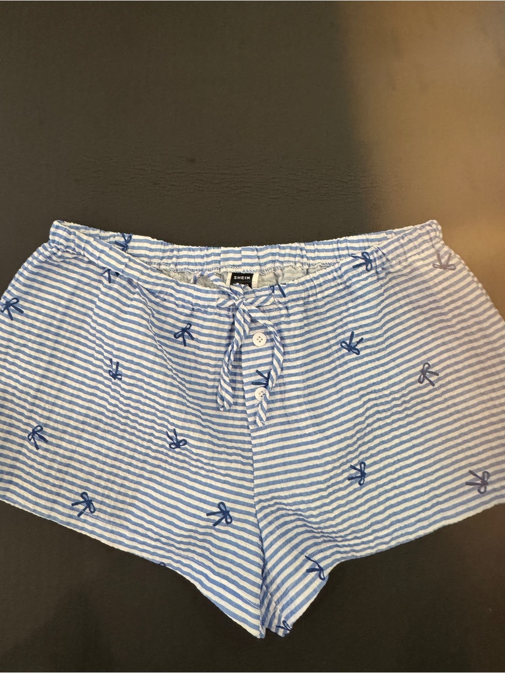 Light Blue & White Striped Cotton Sleep Shorts with Navy Bow Embroidery